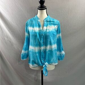 Tye Dye Rhinestone Button Front Tie Blouse Blue